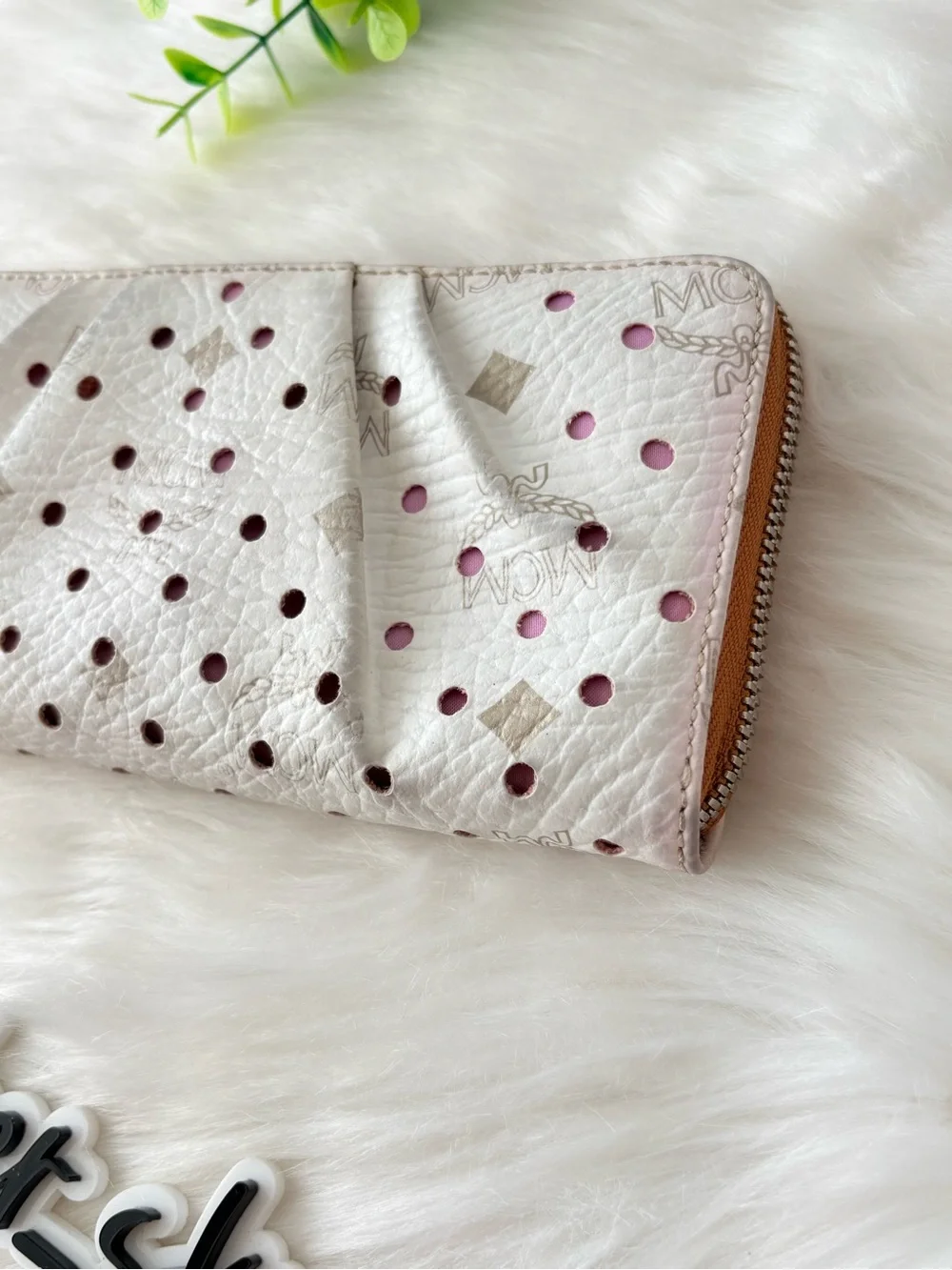 MCM Monogram White Perforated Zip Wallet with Purple Liner. LIMITED EDITION!